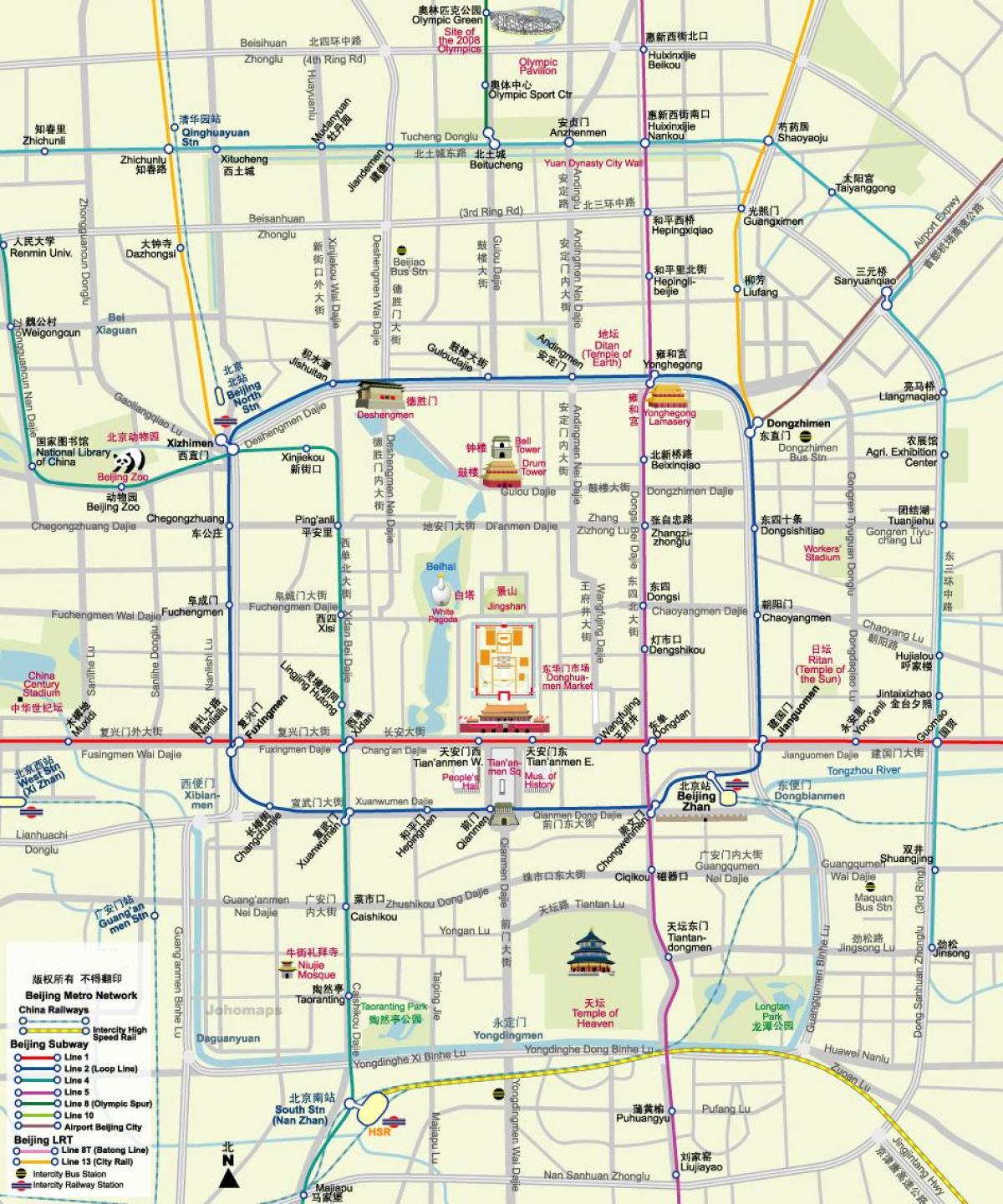 χάρτης του Πεκίνου στο μετρό χάρτης με τα τουριστικά αξιοθέατα
